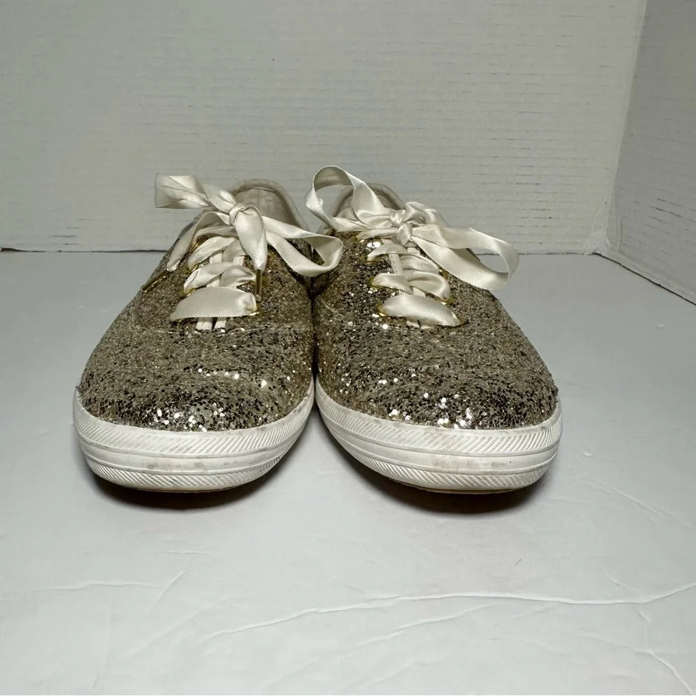 Keds X Kate Spade New York Gold Glitter Cream Satin Lace Up Sneakers- Size 8.5/9